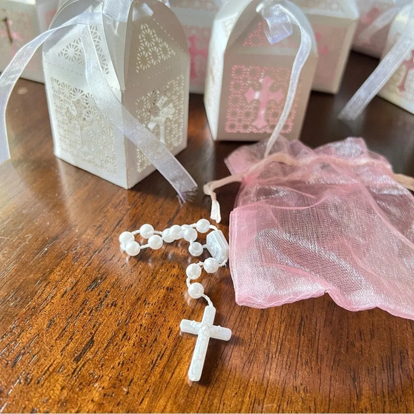 Baptism Favor Boxes Set w/ rosary inside Baby Shower Christening Small Gift Bags - Picture 4 of 10